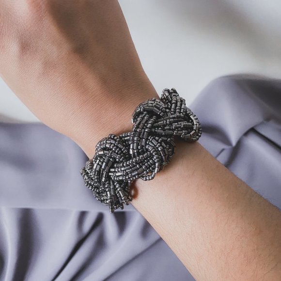 Handmade Jewelry - Silver Glass Beaded Wide Woven Braided Bracelet